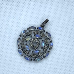 Paved Diamonds and Moon Stones Round Pendant with Bail